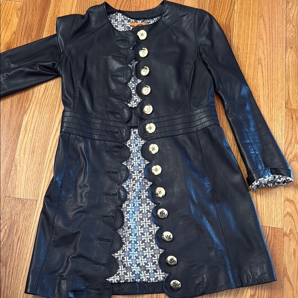 TORY BURCH - Black Leather Coat with Gold Buttons - Picture 2 of 3